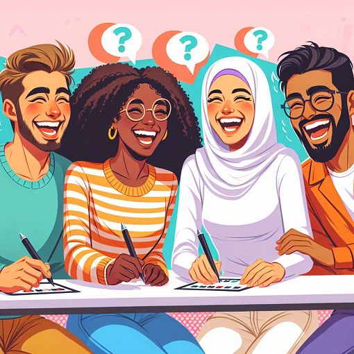 Create an colorful illustration of a diverse group of friends laughing and taking a quiz together in a fun, light-hearted setting.