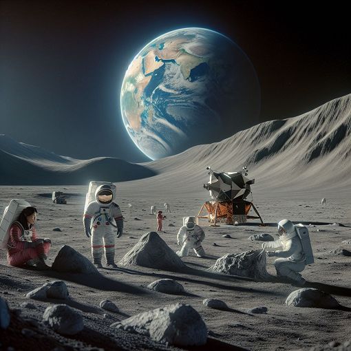 A high-resolution illustration of astronauts on the moon with Earth in the background, showcasing the Apollo spacecraft and lunar landscape