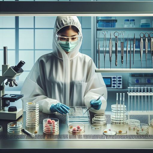 An educational laboratory scene showing a clean hood setup with sterile instruments, petri dishes, and a researcher in protective gear, highlighting aseptic techniques.