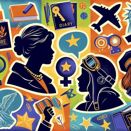 A vibrant, educational collage featuring prominent women in history, such as Malala Yousafzai, Anne Frank, and Amelia Earhart, surrounded by symbols of empowerment and education.