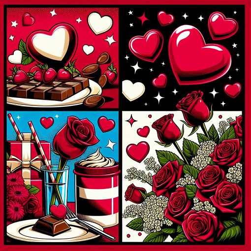 Create a vibrant and playful illustration featuring hearts, chocolates, and roses with a pop art style, evoking feelings of love and fun, suitable for a Valentine's Day quiz