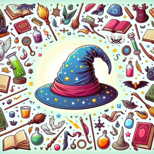 A whimsical illustration of a magical sorting hat surrounded by Harry Potter-themed items, books, and colorful characters in a charming setting.