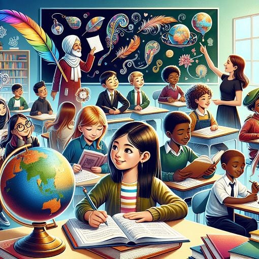 A colorful illustration of children in a classroom setting, engaged in learning activities, with symbols representing education rights in the background.