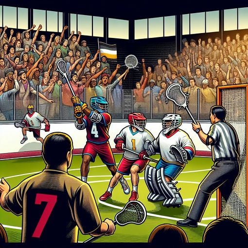 A vibrant and dynamic illustration of a box lacrosse game in action, showcasing players, a goalie, and an official, set in a lively indoor arena with cheering fans.