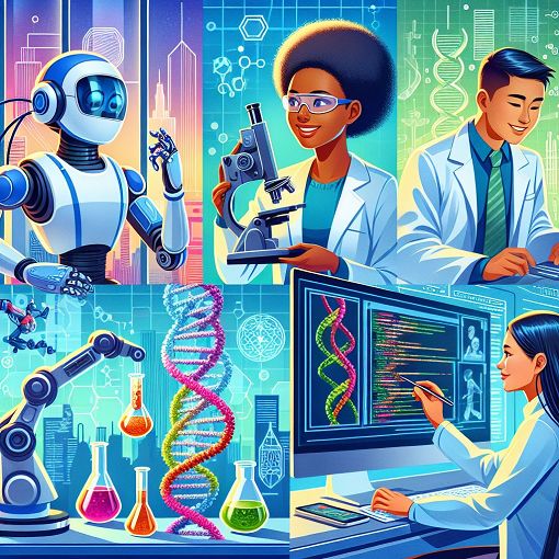 A colorful illustration showing diverse STEM careers like robotics, life sciences, architecture, and computer science, visually engaging and fun.