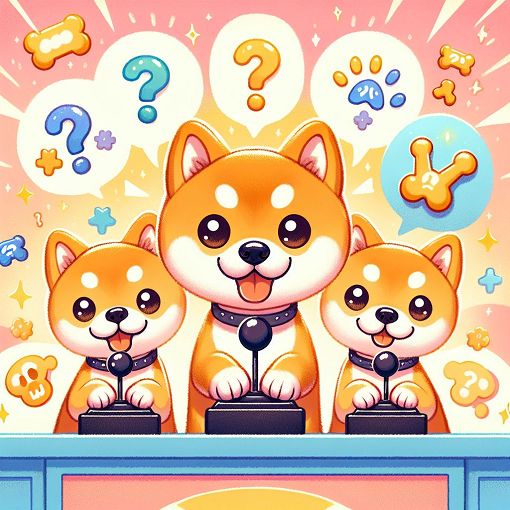 Create an engaging and playful illustration featuring cute Shiba Inu characters, in vibrant colors, resembling a fun quiz atmosphere, with elements of humor and creativity.