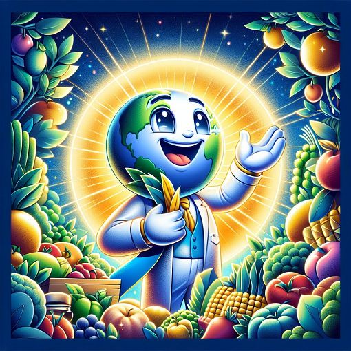 Illustration of a friendly character named Mr. Tumee promoting healthy habits, surrounded by fruits, vegetables, and a glowing planet Earth in the background.