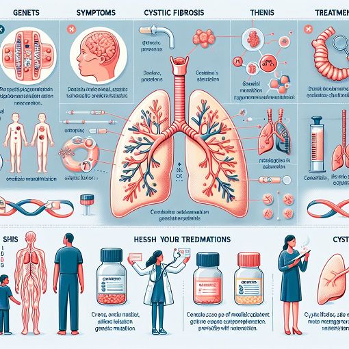 A detailed illustration depicting the genetic aspects, symptoms, and treatments of cystic fibrosis, including diagrams of lungs, genes, and healthcare professionals interacting with patients.