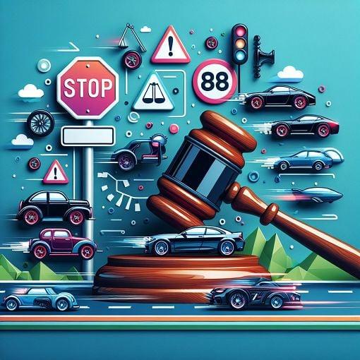 A colorful and engaging illustration representing motor vehicle laws, featuring cars, a traffic sign, and a gavel symbolizing law and order.