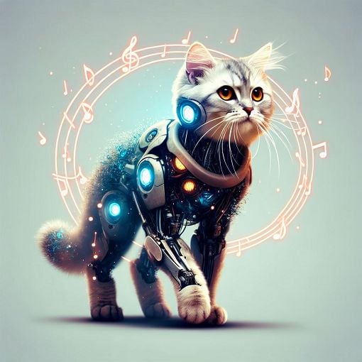 A whimsical cat character intertwined with elements from a mobile suit, blending musical and sci-fi aesthetics