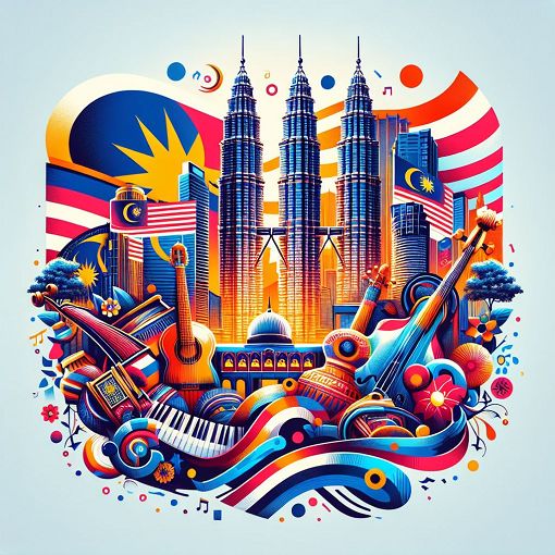 A colorful and vibrant depiction of Malaysia's landmarks and cultural elements, including the Petronas Towers and traditional music instruments, blended with the Malaysian flag.