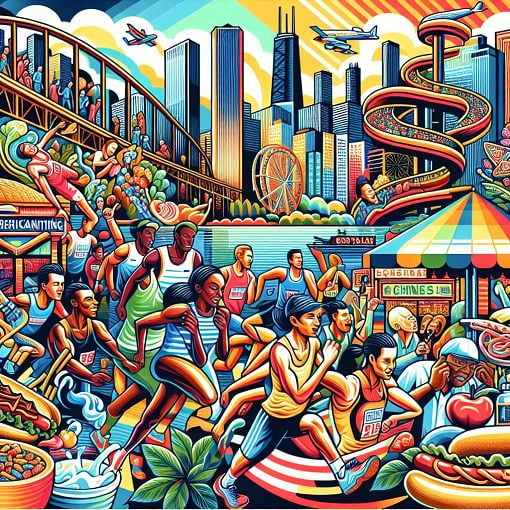 A vibrant and colorful illustration of a competitive race in an urban setting, featuring diverse teams, iconic city landmarks, and elements representing Chicago culture.