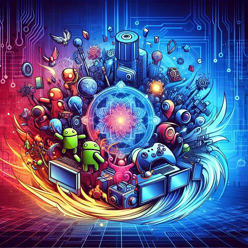 Create a vibrant and captivating digital artwork showcasing elements of game development, including game engines, Unity logo, virtual reality gear, and classic video game characters, all set in a futuristic tech environment.