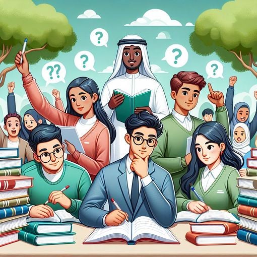 A colorful illustration of a diverse group of students engaging in a quiz, surrounded by books and nature, conveying a sense of learning and exploration.