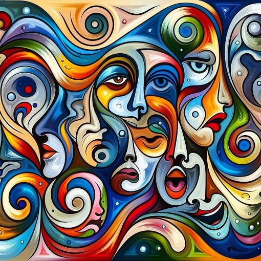 An abstract illustration depicting various facial expressions of emotions like joy, sadness, fear, and excitement, in vibrant colors and a playful style.