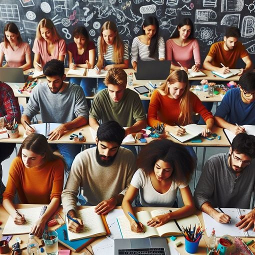 A colorful and engaging classroom scene with students using various writing techniques and a teacher guiding them, emphasizing the interactive aspect of learning.