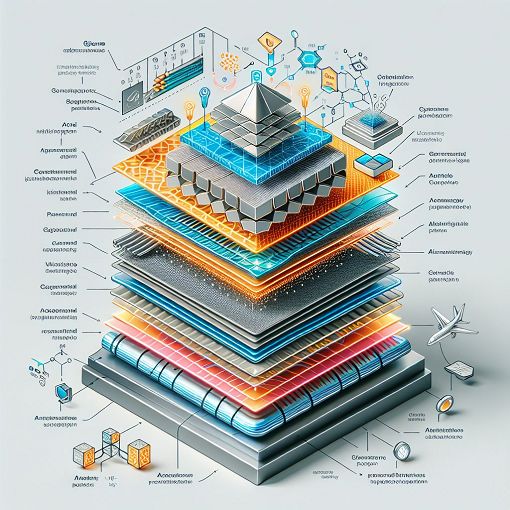 A visually engaging diagram showcasing the structure and applications of GLARE technology in aerospace, featuring layers of aramid and aluminum, with a clear focus on their lightweight and strong properties.