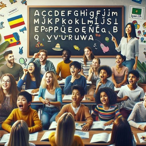 Generate an image of a colorful classroom setting with students engaging in an interactive Spanish language lesson, focusing on vowels and pronunciation.