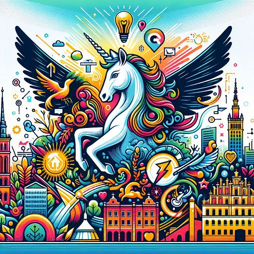 A colorful, engaging illustration featuring iconic landmarks of Gda?sk mixed with elements representing startups, like a unicorn, lightbulb, and a hummingbird logo. The scene should be vibrant and attractive to draw attention to the quiz.