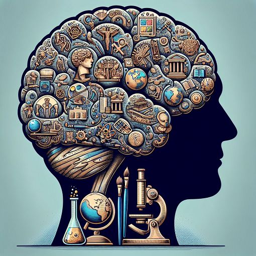 An illustration of a brain with various icons representing different subjects like history, art, and science.