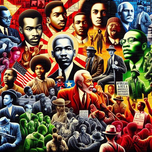 A vibrant collage of important figures and events in Black history, including notable personalities like Martin Luther King Jr., Rosa Parks, and Malcolm X, set against a background of the African American flag colors.