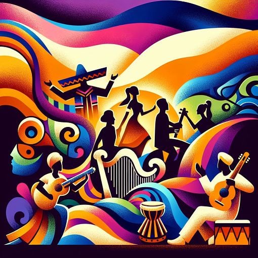 An abstract representation of cultural diversity featuring various cultural symbols and elements, vibrant colors, and a silhouette of people embracing their heritage.