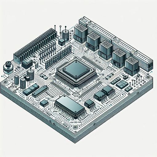 A highly detailed technical illustration showcasing a digital signal processor with various components like pipelines, registers, and waveforms, in a modern sleek style.