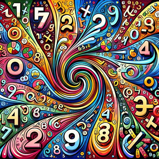 An engaging and colorful graphic illustrating multiplication concepts, such as numbers and symbols, with a playful design