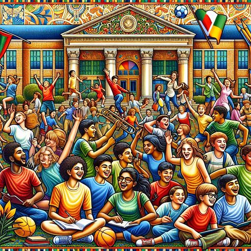 A vibrant and colorful illustration representing students involved in various activities such as sports, theater, and arts at a school, with smiling faces and a backdrop of a school building.