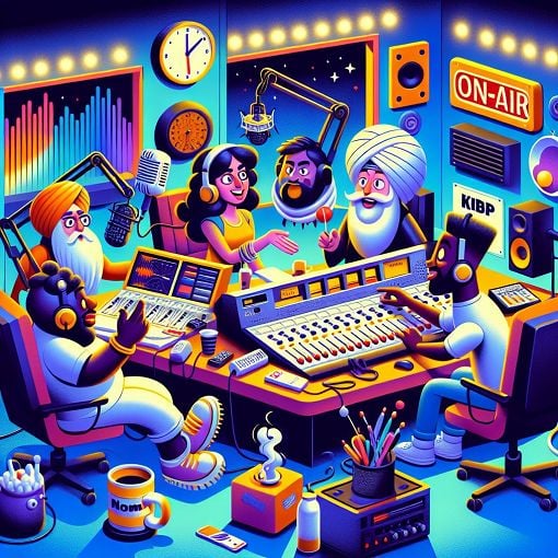 A cartoonish illustration of a radio studio filled with quirky characters and comical items related to an imaginary radio show, vibrant colors and a fun atmosphere.