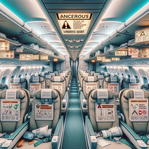 A visually engaging image of an airplane cabin environment highlighting safety measures and dangerous goods labels, with a polished, professional look.