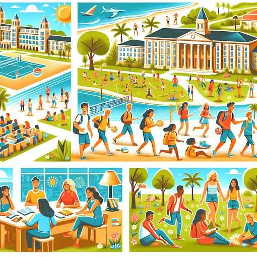 A vibrant and engaging illustration of NITK campus, showcasing elements like the beach, cultural events, and students enjoying campus life.