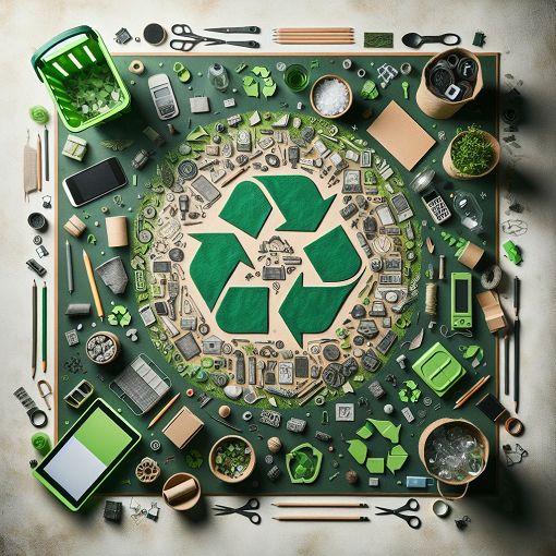 Create an engaging and informative illustration showing a recycling symbol surrounded by various recyclable materials like paper, plastic, glass, and electronics, with a green background symbolizing the earth and sustainability.