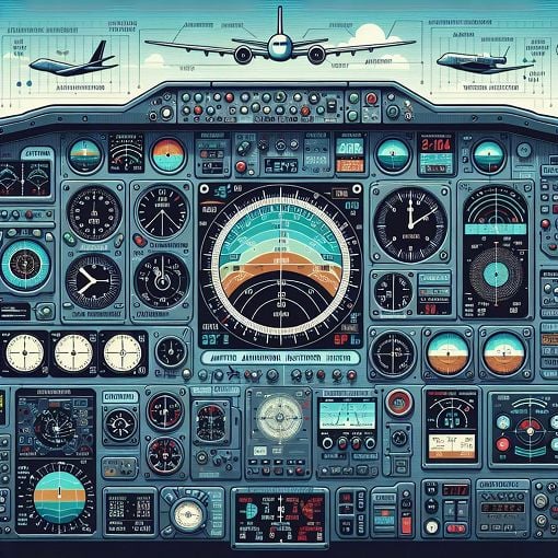 Create an infographic-style image that features various flight instruments and avionics panels from a Boeing 757/767 cockpit, showcasing navigation displays and instrument readouts.