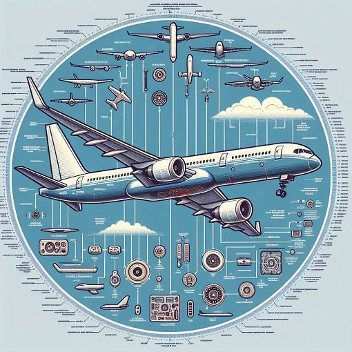 Create an image of a Boeing 757 or 767 in flight, showcasing its flight control systems in an informative diagram style, with labels for key components like ailerons, spoilers, and flaps.