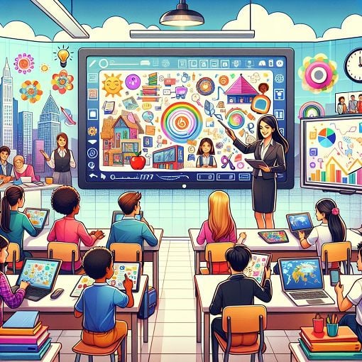 A bright and inviting classroom filled with various educational technology tools, such as tablets, projectors, and interactive whiteboards, showcasing modern teaching methods and learning environments.