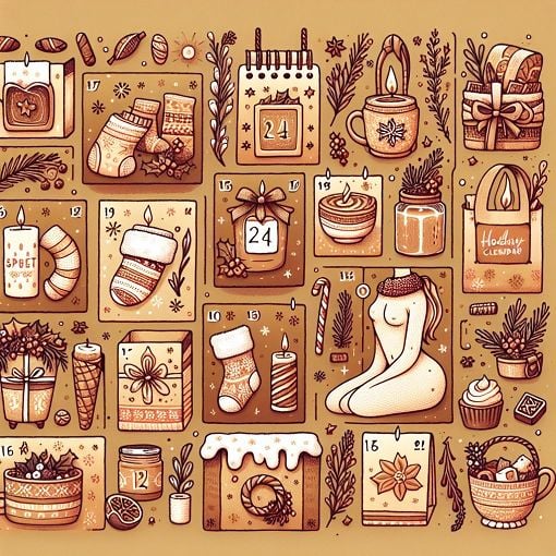 A whimsical and festive illustration depicting various types of advent calendars, with elements of self-care, holiday treats, and cozy settings, in a warm and inviting color palette.