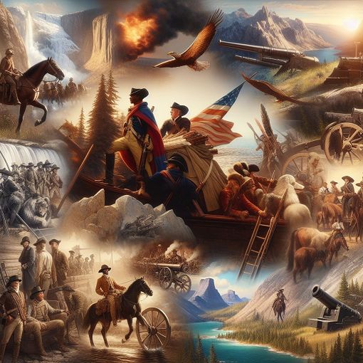 A historical scene depicting the Lewis and Clark expedition with elements of the War of 1812 and the Battle of the Alamo, featuring people in early 19th-century American attire exploring a rugged landscape.