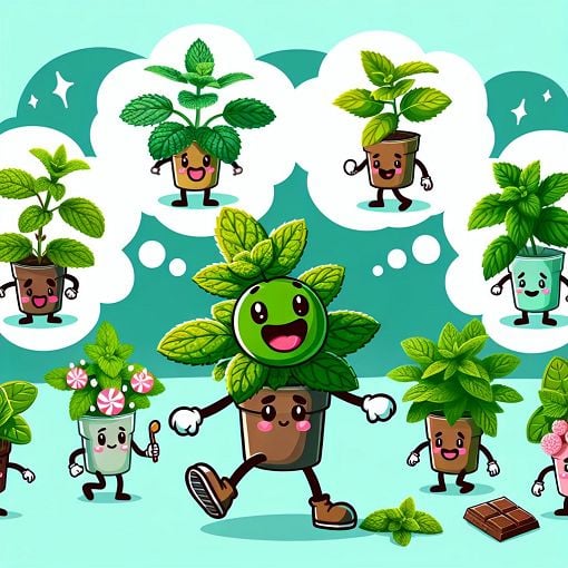 A whimsical illustration of various types of mint with cartoon characters representing different personalities, colorful and playful style