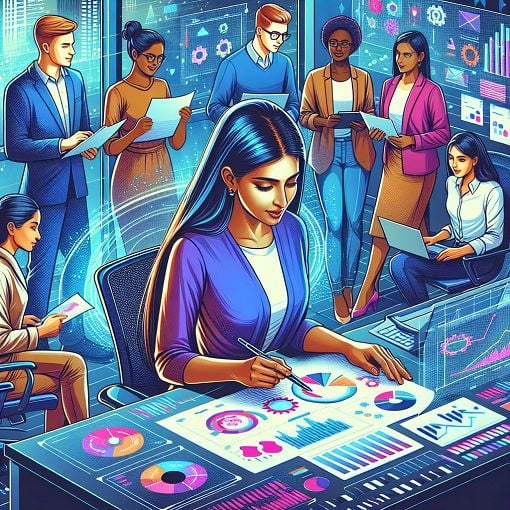 A visually appealing illustration of a project manager reviewing charts and project plans, surrounded by a team in a modern office, with dynamic and vibrant colors that embody teamwork and strategy.