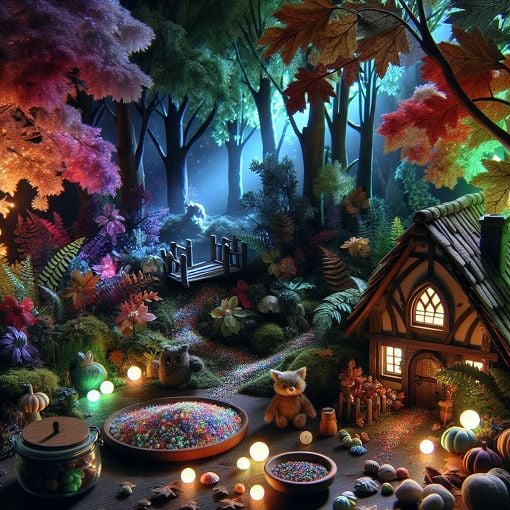 A whimsical forest scene with magical creatures, including a cozy cottage surrounded by trees, glowing objects, and vibrant colors, evoking a sense of adventure and mystery.