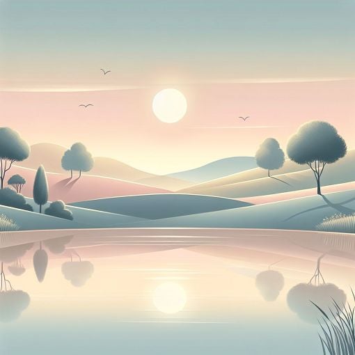 A serene landscape with a calm and reflective atmosphere, representing mental health and well-being, featuring soft colors and gentle light.