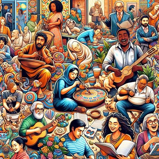 A vibrant and colorful illustration depicting diverse personalities engaged in different activities that reflect interests and preferences.