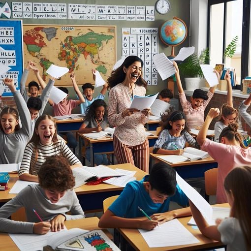 A classroom scene with a teacher and students happily engaging in a language quiz, colorful educational materials in the background