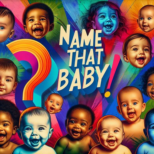 A vibrant and playful collage of baby faces with a question mark and colorful text saying 'Name that Baby!'