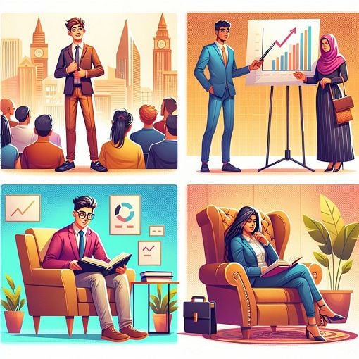 A vibrant and engaging illustration depicting various scenarios of personal confidence, such as public speaking, presentations, social interactions, and studying independently, with diverse individuals expressing different levels of confidence.