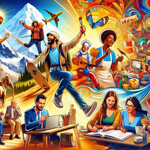 A vibrant and colorful illustration depicting diverse personalities engaged in various activities, symbolizing adventure, creativity, and collaboration.