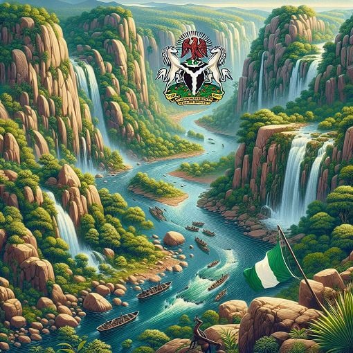 Create an image depicting the diverse landscapes and natural resources of Nigeria, featuring the River Niger, lush waterfalls, and cultural symbols like the Nigerian Coat of Arms.