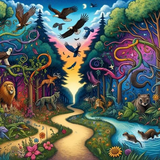 A whimsical forest path with mystical elements, featuring various animals like eagles, lions, and otters, capturing the essence of personality exploration and self-discovery.