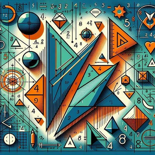 A vibrant and educational illustration depicting various geometric shapes, lines, and angles, including a point, line, angle, and plane, set against a math-themed background.